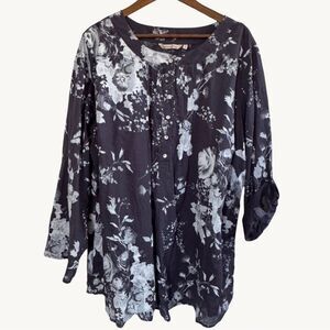 Soft Surroundings Tuberosa Popover Top Womens Plus Size 3X Gray Dark Floral